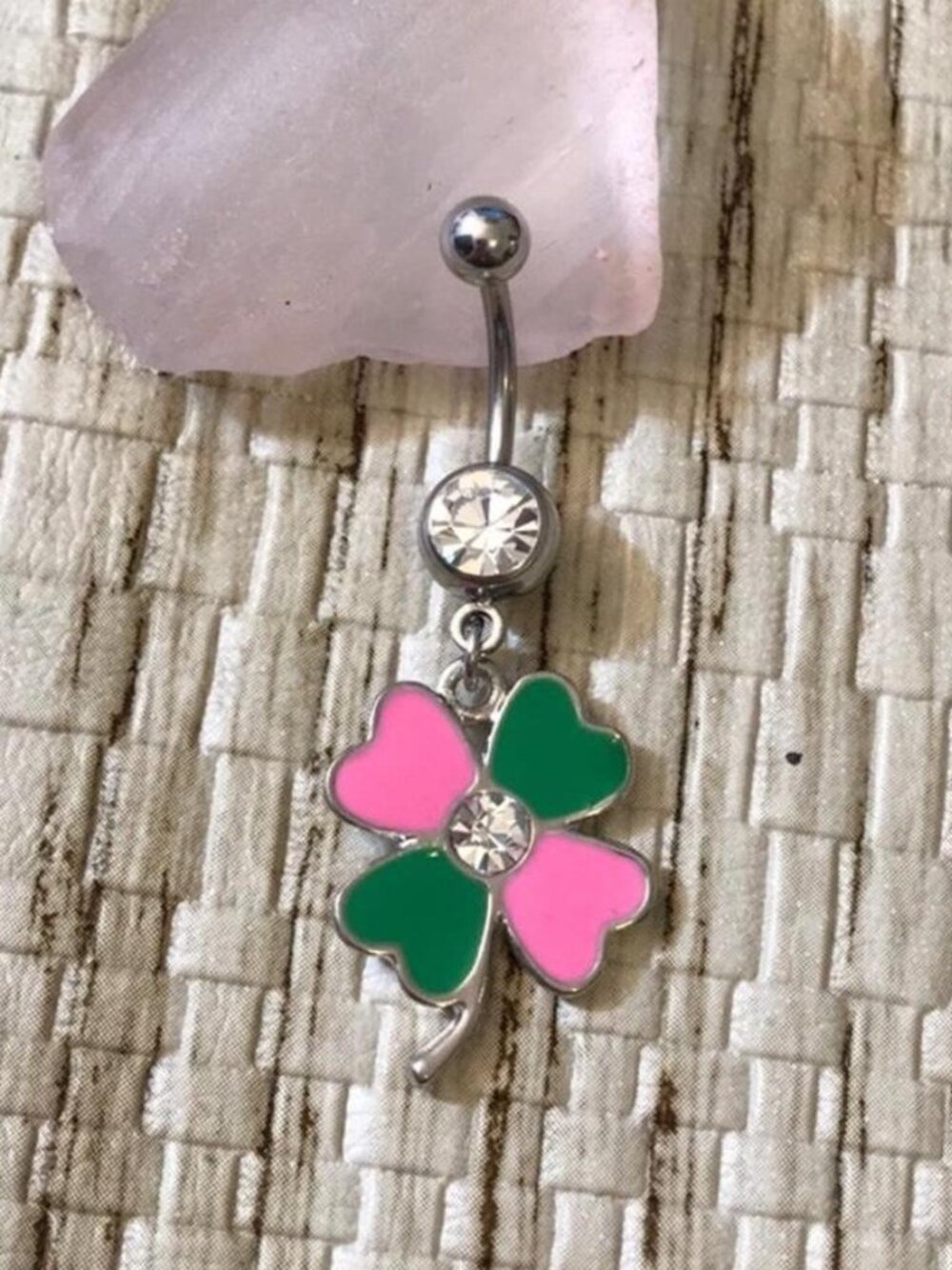 Clear Gem Pink Shamrock dangle belly button ring navel ring piercing new 14G